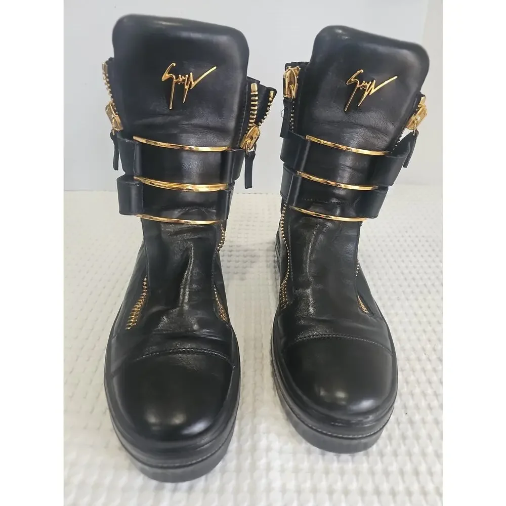 Giuseppe Zanotti Black Leather High Top Boot Sneakers Gold Zipper EU 43
